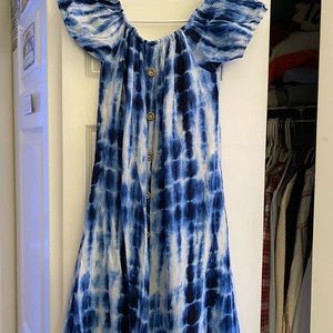 Navy and White tie dye off the shoulder dress!